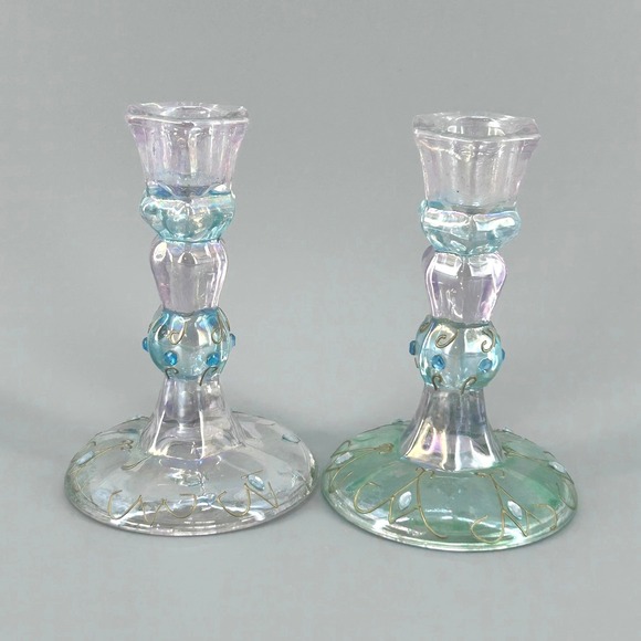 Other - Iridescent Art Glass Candlestick Holders Hand Painted Gold Filigree Set of 2